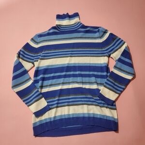 💙 Vintage Totally 2000s 00s Y2K Blue White Grey Stripped Turtleneck Sweater